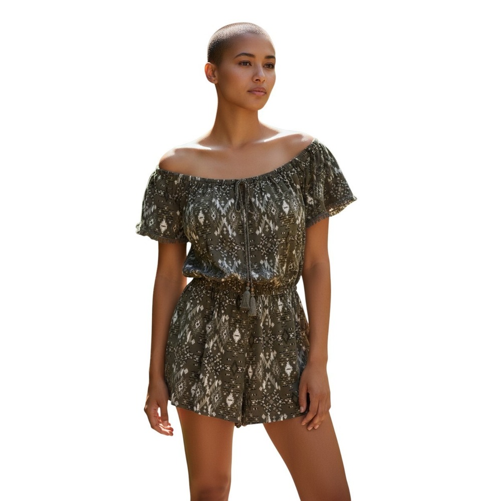 Romper Off Shoulder Derek Heart Olive Green Tribal Print Tassel Drawstring